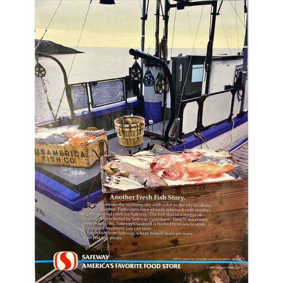 Safeway America's Favorite Food Store. Fishing Boat with Catch Vtg Print Ad 1986 - Picture 1 of 3